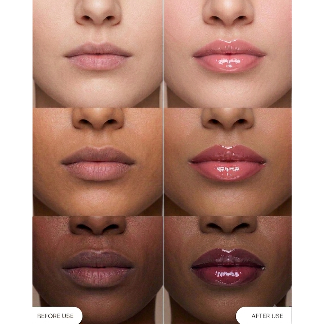 Before and after comparison of Yuri Skinscience pH reactive lip tint oil on three skin tones, showing bare lips beside glossy pink and berry tinted lips