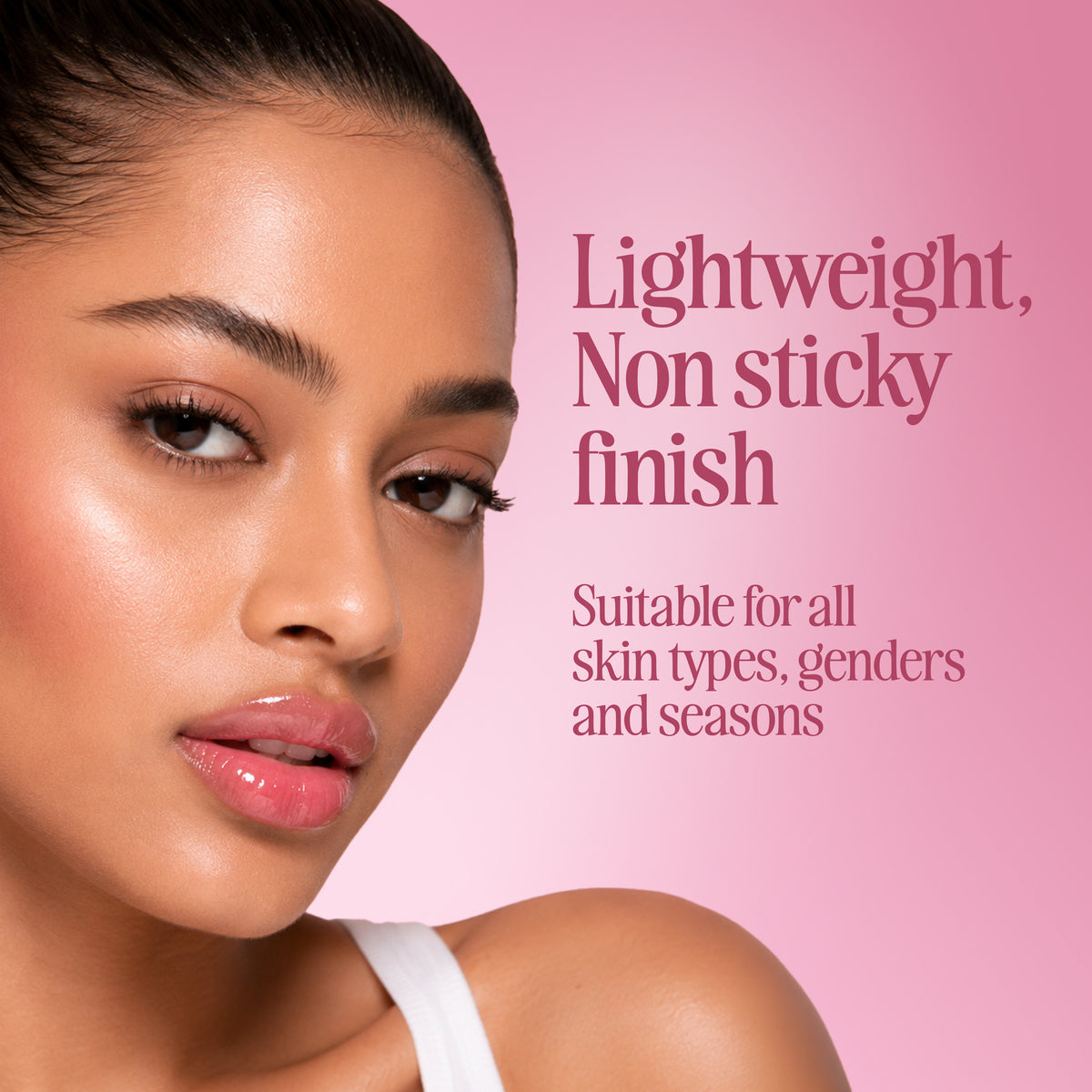 Model wearing Yuri Skinscience pH reactive lip tint oil with a lightweight, non sticky glossy finish, suitable for all skin types and seasons