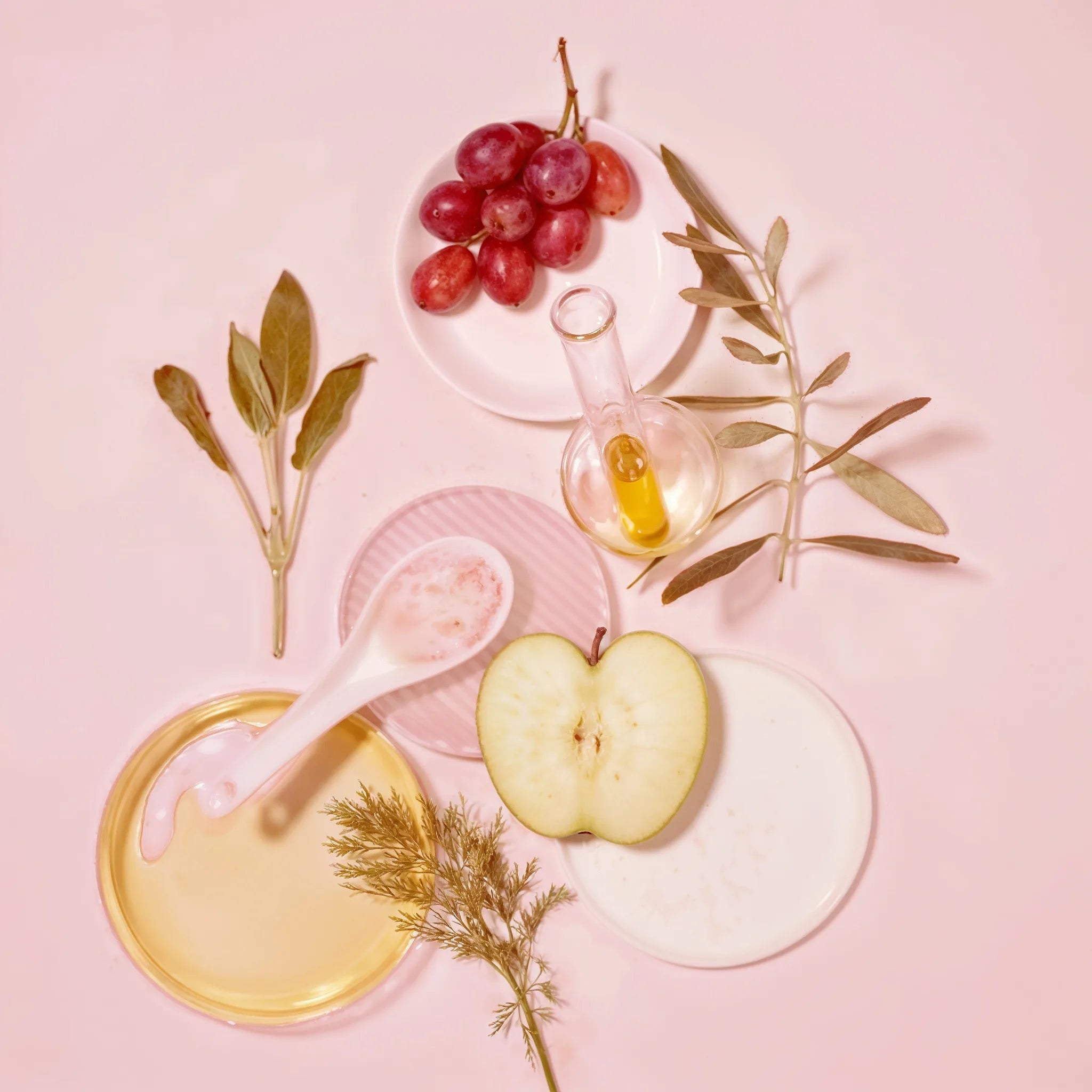 Fruit, plant, and skincare items on a pink background