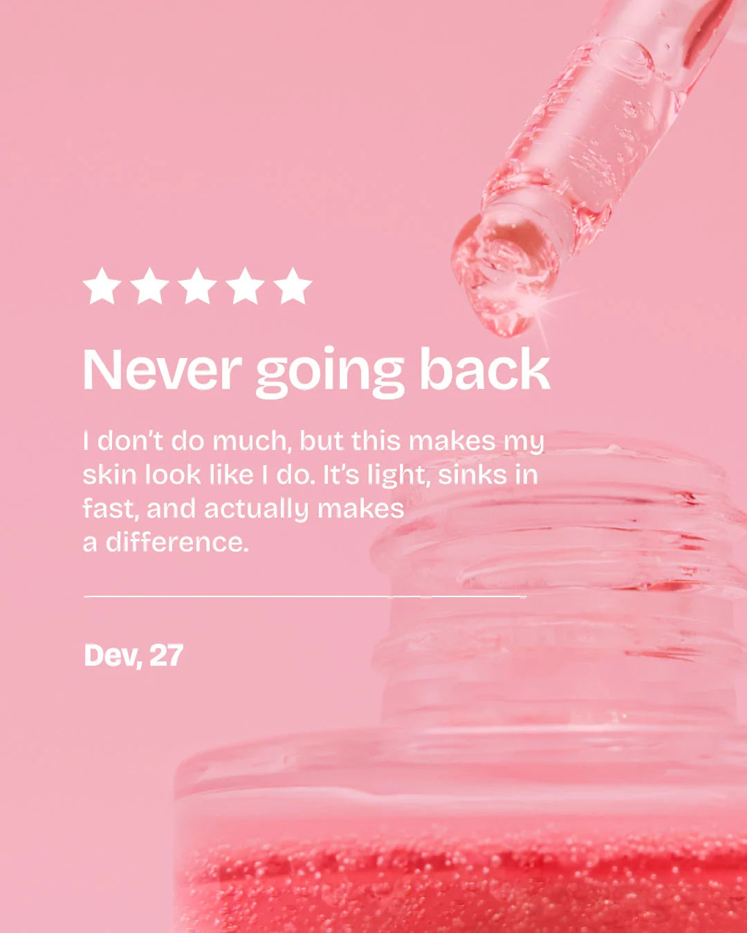 Pink background with skincare product and review text