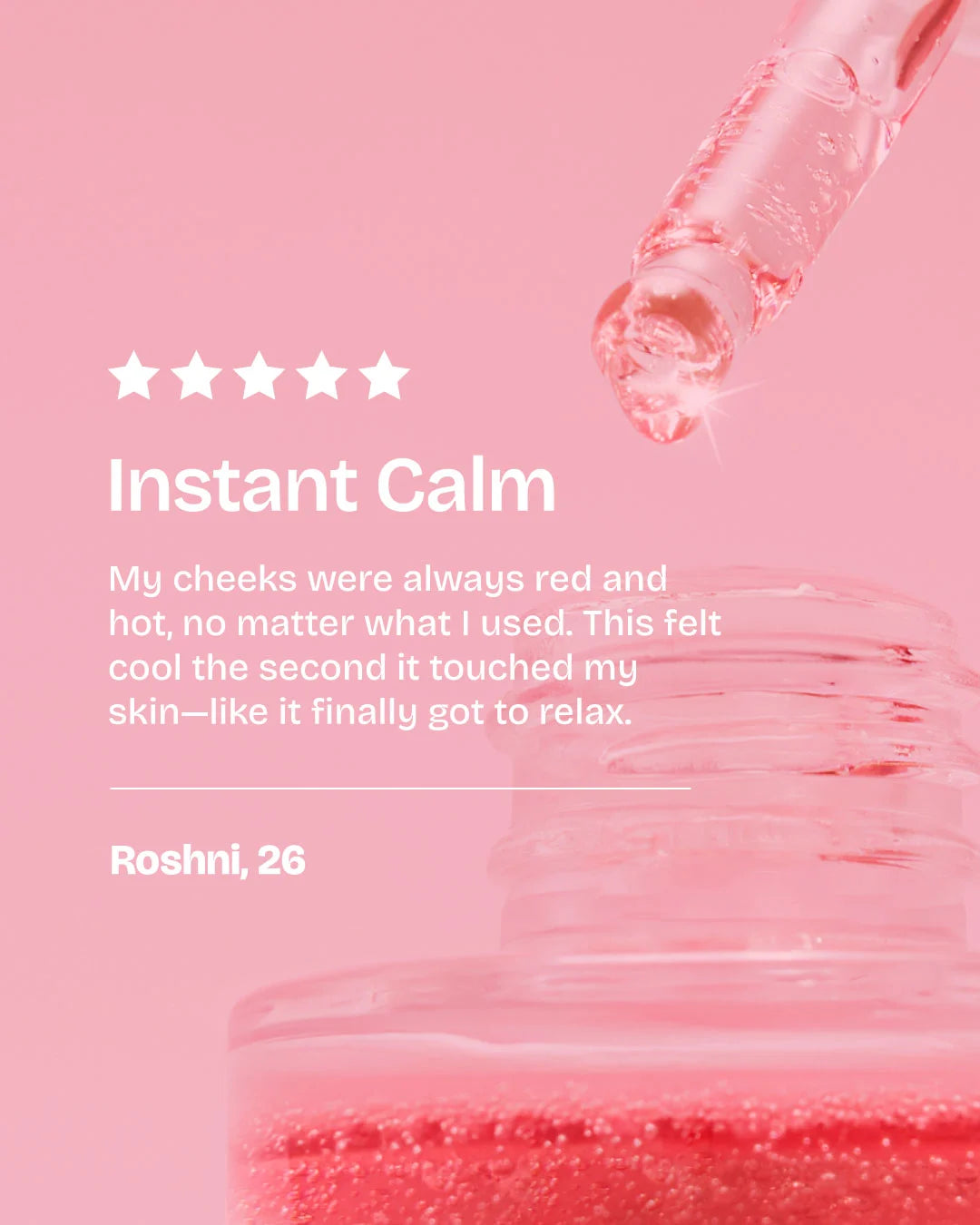 Product with dropper and text on a pink background, featuring a five-star rating and customer review.