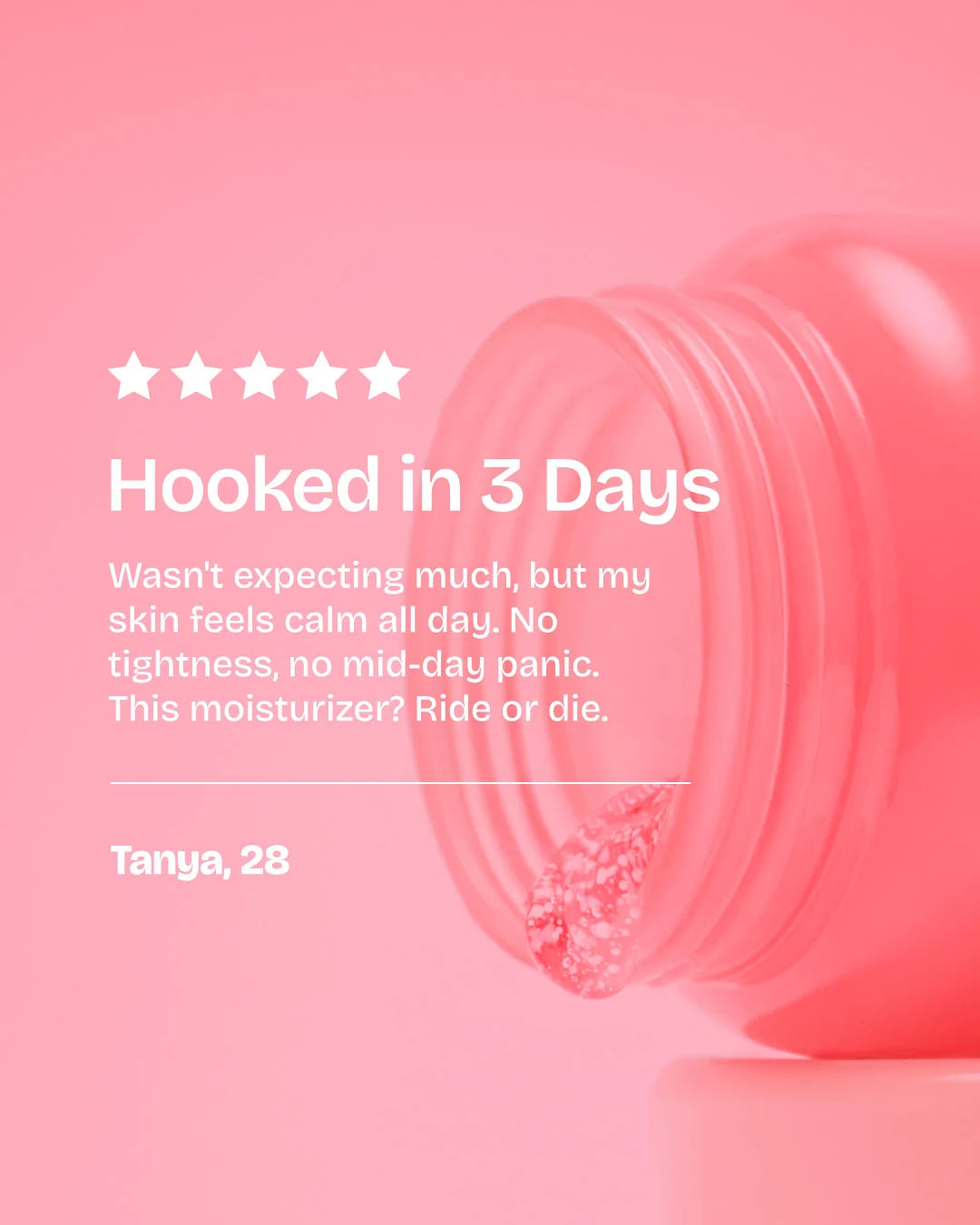 Pink bottle of moisturizer with a five-star rating and customer review on a pink background