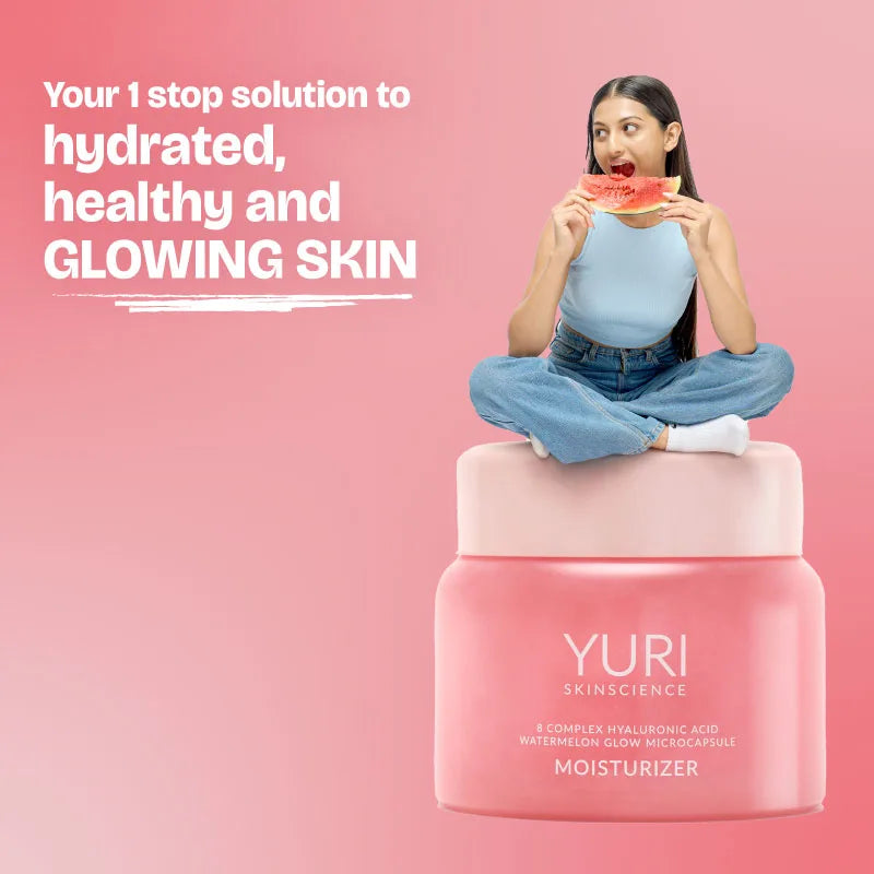 Person sitting on a pink moisturizer container with text about skincare solutions on a pink background