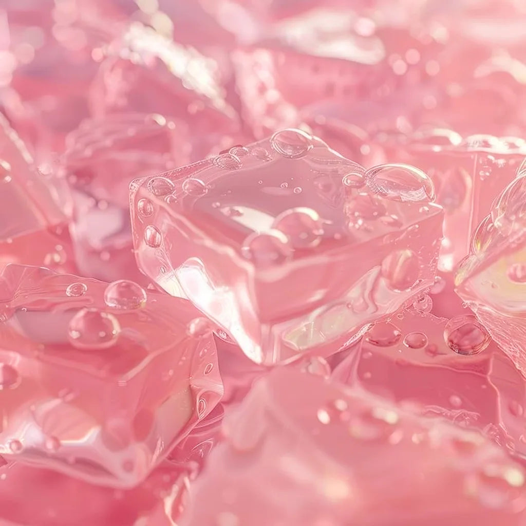 Pink and clear ice with bubbles on a pink background