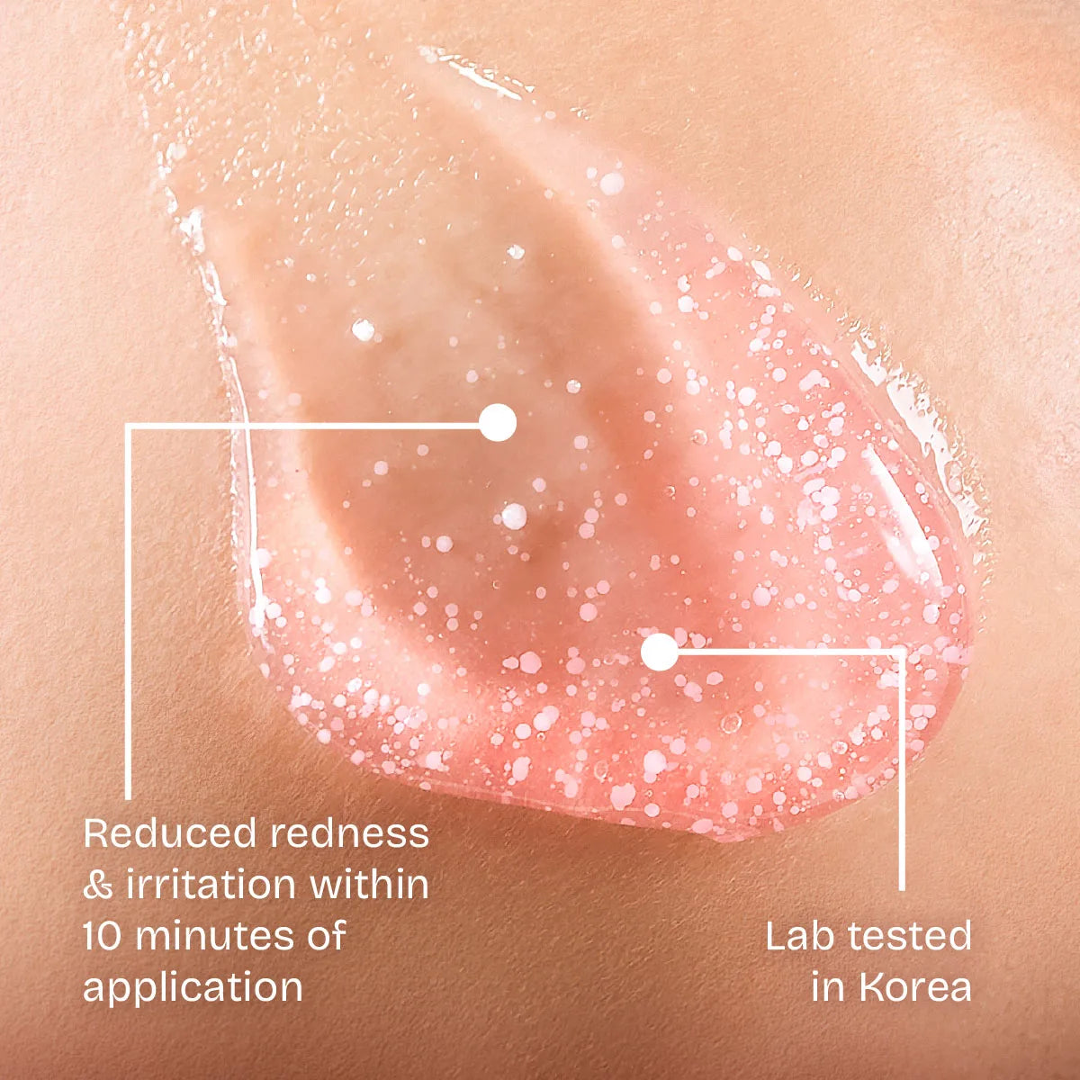 Close-up of a skincare product application on skin with text about reduced redness and irritation.