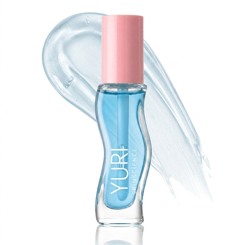 pH reactive lip tint oil by Yuri Skinscience in a clear glass tube with color changing gloss, shifting to a custom pink shade.