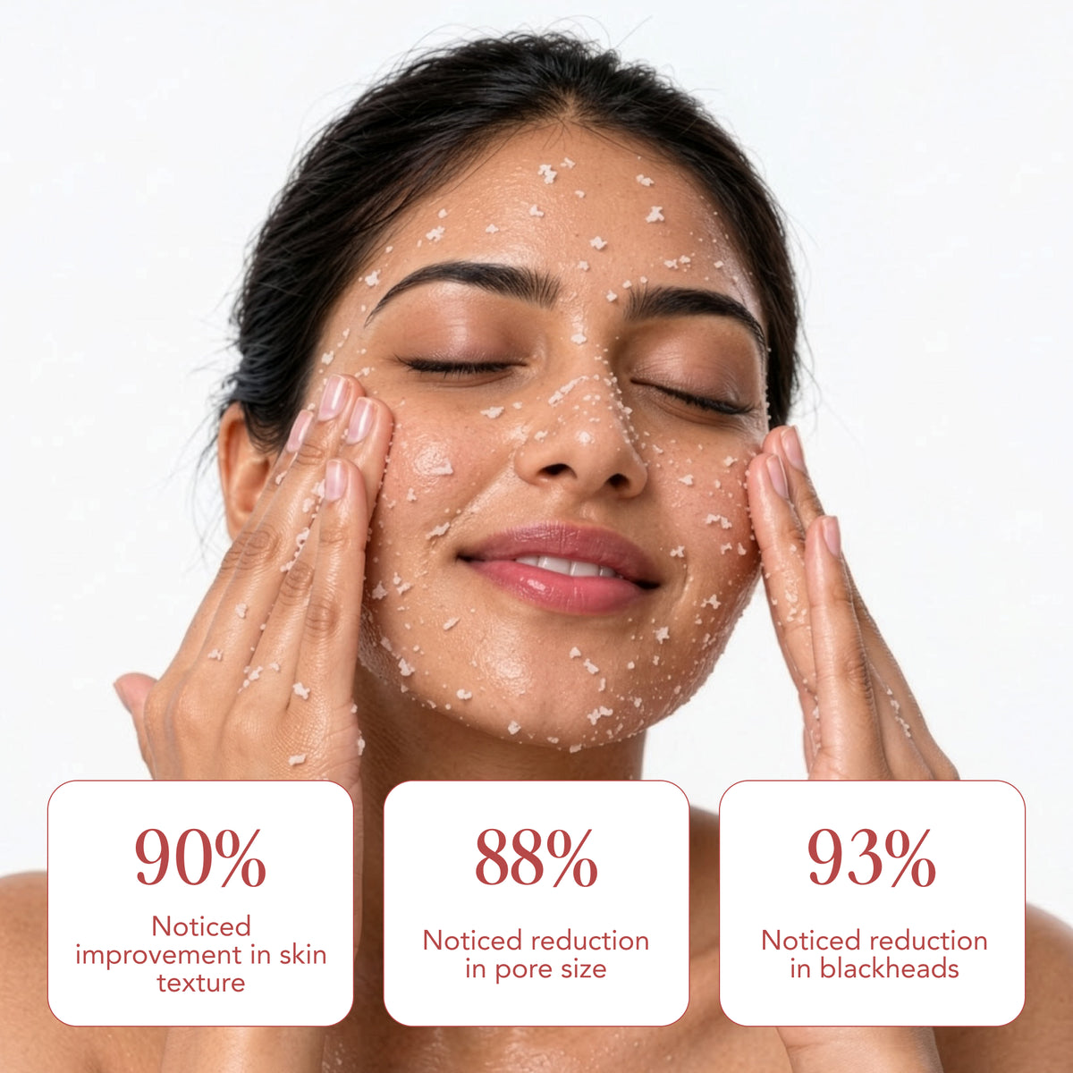 Woman demonstrating Yuri Skinscience Rice Ferment Enzyme Scrub exfoliating polish with visible results showing 90 percent skin texture improvement, 88 percent pore size reduction, 93 percent blackhead reduction on face