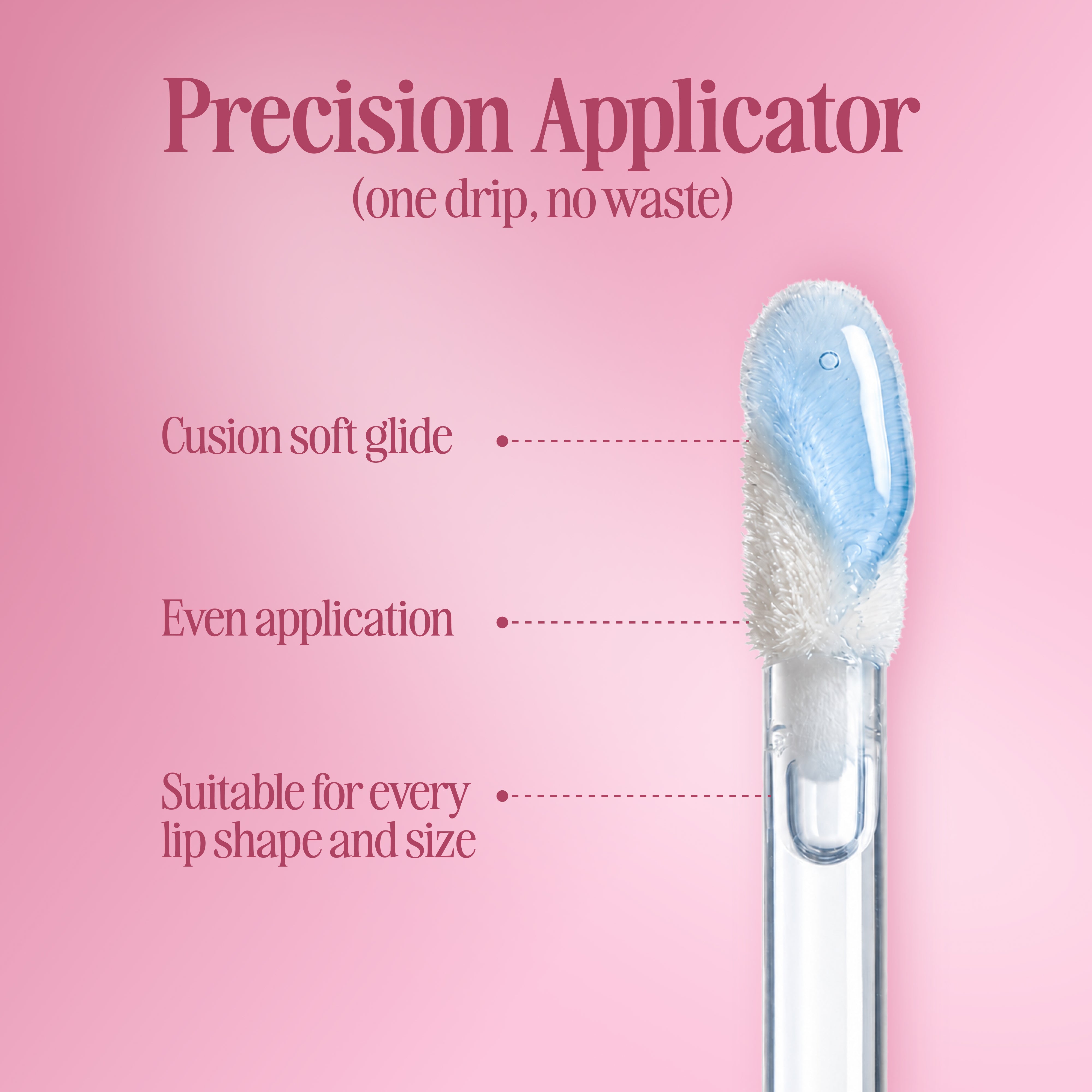 Precision applicator of Yuri Skinscience pH reactive lip tint oil, one drip no waste. Callouts read: cushion soft glide, even application, suitable for every lip shape and size
