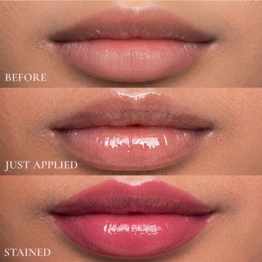 Before after image of lip after application of Yuri pH reactive Lip tint oil and the stain it leaves