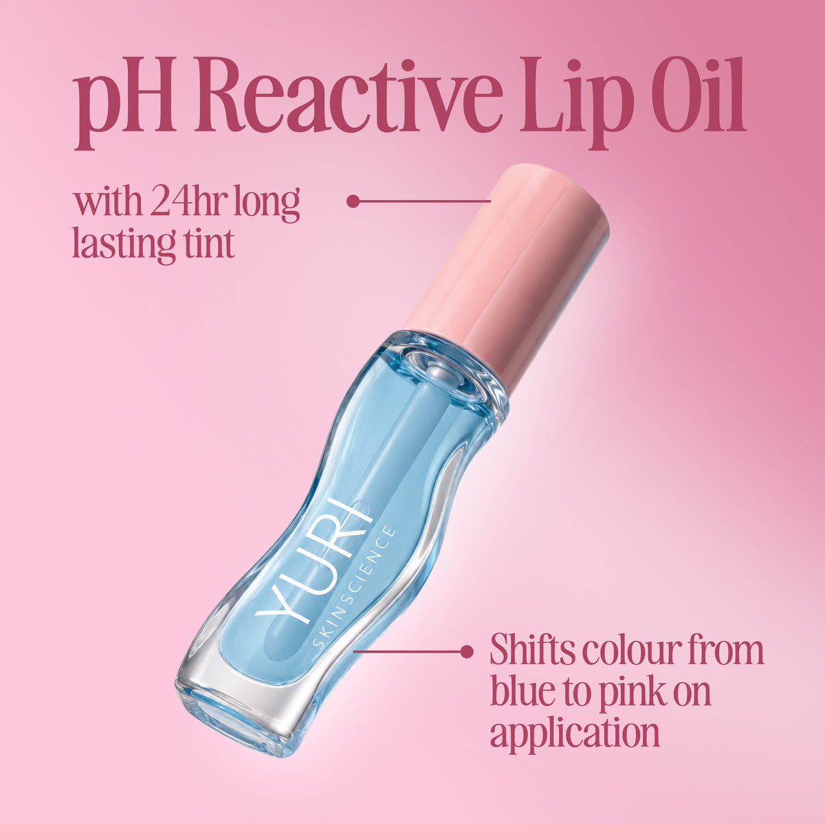 pH reactive lip tint oil that turns your natural lip shade into a custom rose-pink with a glossy, non-sticky finish
Hydrating pH lip oil by Yuri Skinscience - sheer tint on application, deepening to a personalised rosy pink