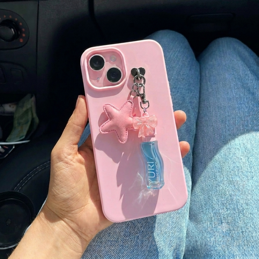 Yuri pH activated lip tint oil phone charm with pink star and pink bow lip oil cap charm